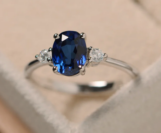 1 CT Oval Cut Blue Sapphire White Gold Over On 925 Sterling Silver Three Stone Engagement Ring