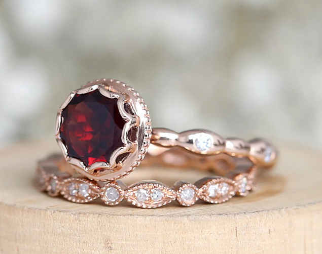 1 CT Round Cut Dark Red Garnet Rose Gold Over On 925 Sterling Silver Engagement Ring Set