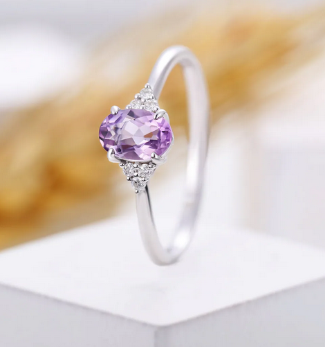1 CT Oval Cut Amethyst & CZ Diamond White Gold Over On 925 Sterling Silver Solitaire W/Accents Ring