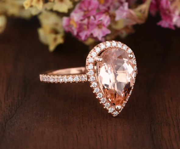 1 CT Pear Cut Morganite Rose Gold Over On 925 Sterling Silver Halo Anniversary Ring