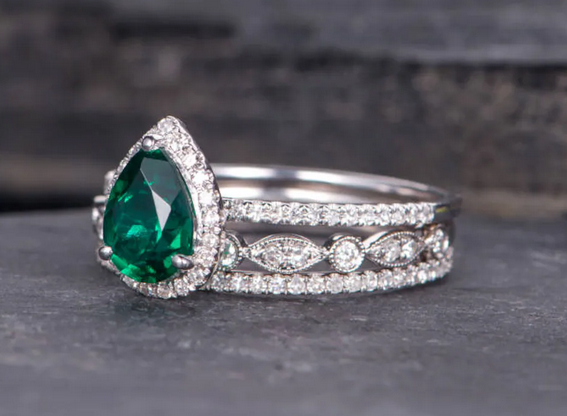 1 Pear Cut Emerald & CZ Diamond White Gold Over On 925 Sterling Silver Halo Wedding Trio Set