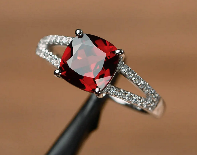 1 CT Cushion Cut Red Garnet White Gold Over On 925 Sterling Silver Solitaire With Accents Ring