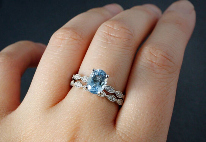 1 CT Oval Cut Blue Aquamarine White Gold Over On 925 Sterling Silver Wedding Ring Set
