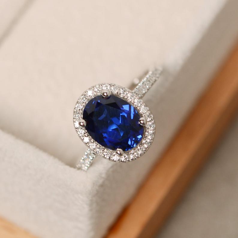 1.75 Ct Oval Cut Blue Sapphire 925 Sterling Silver Halo Diamond Engagement Ring