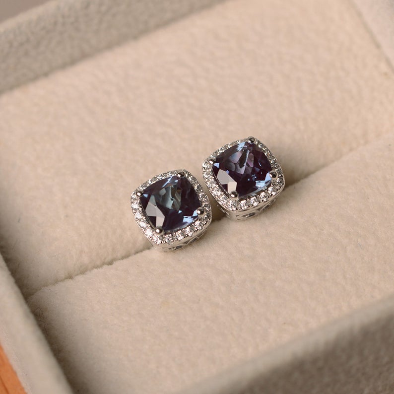 2.20 Ct Cushion Cut Alexandrite 925 Sterling Silver Halo engagement Wedding Earrings