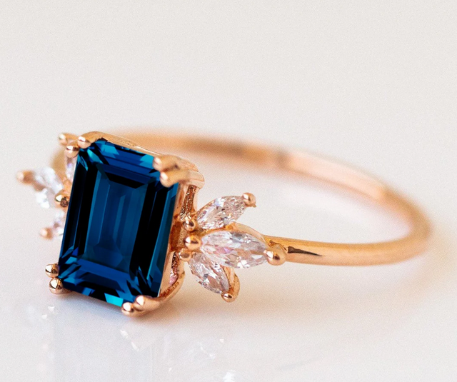 2 CT Emerald Cut London Blue Topaz Diamond Rose Gold Over On 925 Sterling Silver Cluster Engagement Ring