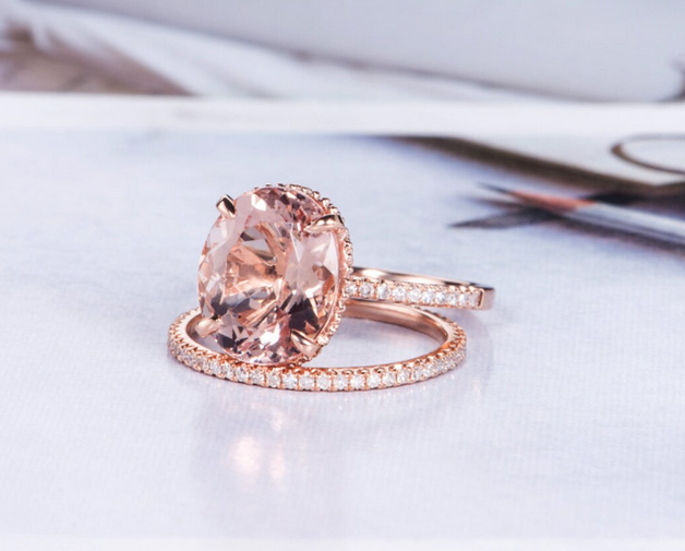 1 CT Oval Cut Morganite Rose Gold Over On 925 Sterling Silver Wedding Bridal Ring Set