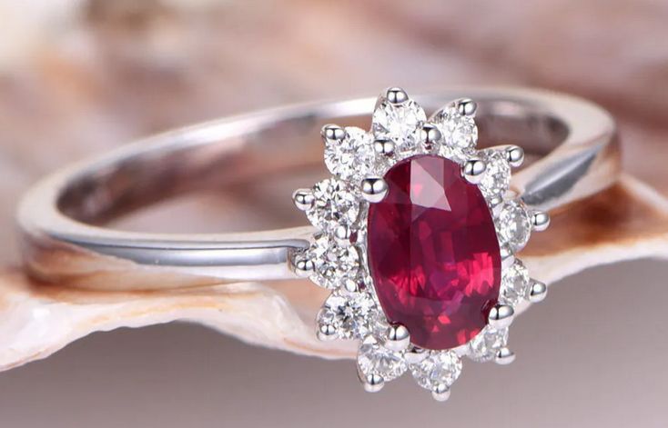 1.42 CT Oval Cut Red Ruby White Gold Over On 925 Sterling Silver Floral Halo Engagement Ring