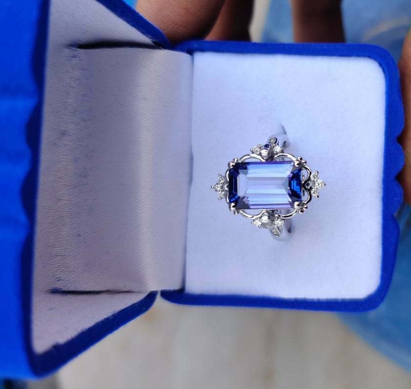 3.20 Ct Emerald Cut Blue Sapphire 925 Sterling Silver Solitaire W/Accents Stunning Engagement Ring