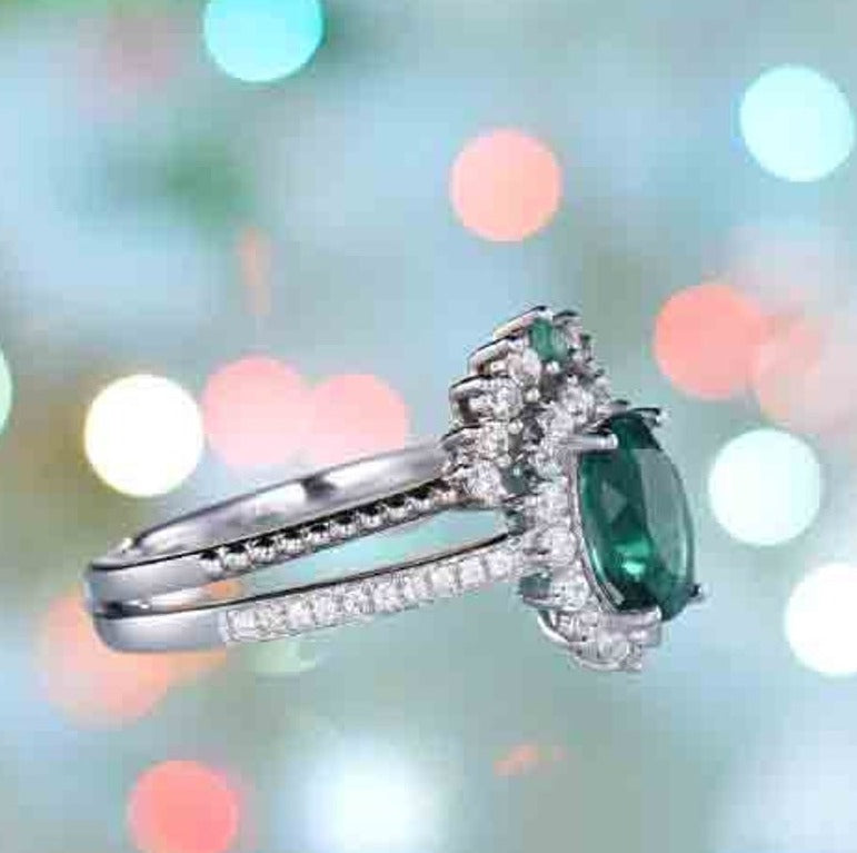 3 CT Oval Cut Green Emerald Diamond 925 Sterling Silver Halo Wedding Bridal Ring Set
