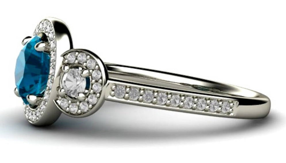 2 CT Round Cut Blue Topaz 3 Stone Diamond 925 Sterling Silver Halo Anniversary Ring