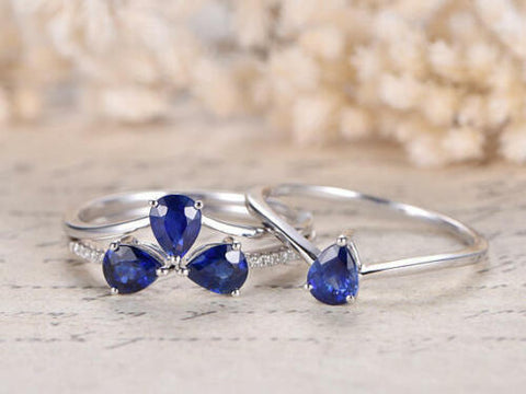 2.50 Ct Pear Cut Blue Sapphire Unique Trio Wedding Bridal Ring Set In 925 Sterling Silver
