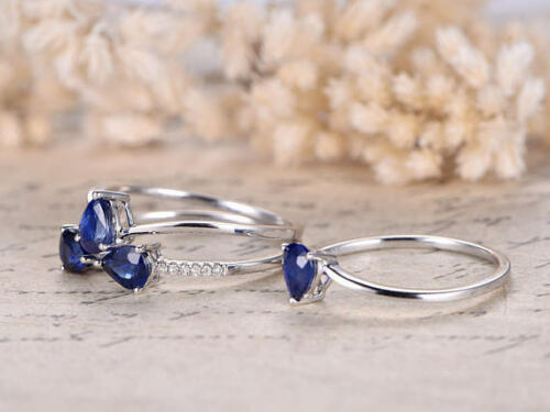 2.50 Ct Pear Cut Blue Sapphire Unique Trio Wedding Bridal Ring Set In 925 Sterling Silver