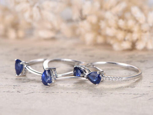 2.50 Ct Pear Cut Blue Sapphire Unique Trio Wedding Bridal Ring Set In 925 Sterling Silver