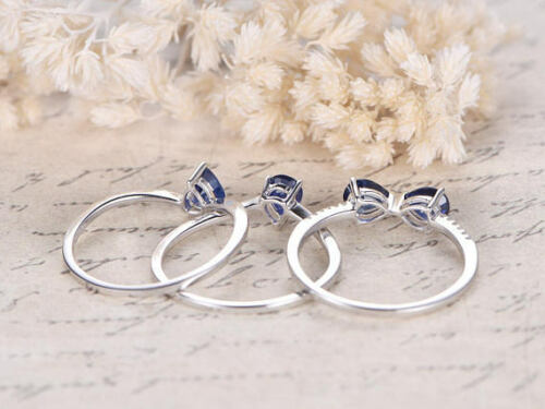 2.50 Ct Pear Cut Blue Sapphire Unique Trio Wedding Bridal Ring Set In 925 Sterling Silver