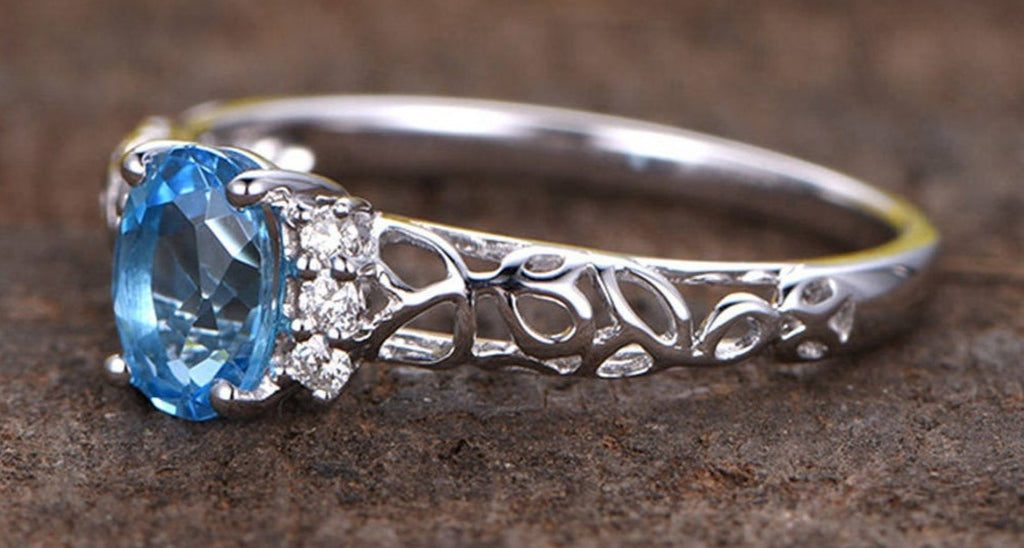 2 CT 925 Sterling Silver Oval Cut Blue Topaz Diamond Wedding Engagement Band Ring
