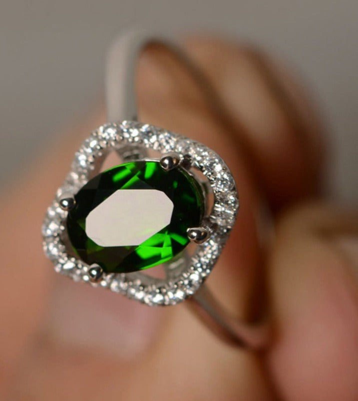 1 CT Oval Cut Green Emerald Diamond 925 Sterling Silver Women Anniversary Promise Ring