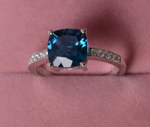 2 CT Cushion Cut London Blue Topaz Diamond 925 Sterling Silver Women Engagement Halo Ring