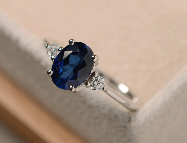 1 CT Oval Cut Blue Sapphire White Gold Over On 925 Sterling Silver Three Stone Engagement Ring