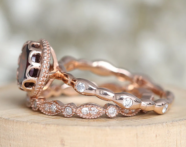 1 CT Round Cut Dark Red Garnet Rose Gold Over On 925 Sterling Silver Engagement Ring Set