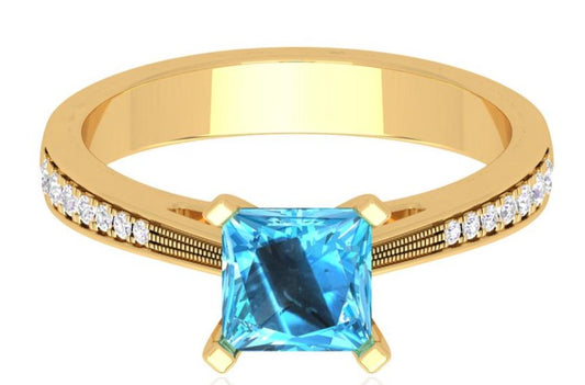 1 CT Princess Cut Blue Topaz Diamond Yellow Gold Over 925 Sterling Sliver Women Anniversary Promise Ring
