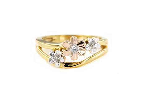 atjewels 14K Threetone Gold Plated On 925 Sterling Silver with 0.13 CT Round White Cubic Zirconia Three Flower Ring MOTHER'S DAY SPECIAL OFFER - atjewels.in