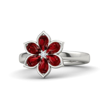 atjewels 925 Sterling Silver Pear Shape Red Garnet & Round Cut White Cubic Zircon Flower Ring MOTHER'S DAY SPECIAL OFFER - atjewels.in