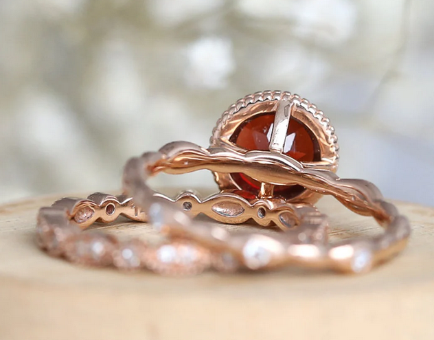 1 CT Round Cut Dark Red Garnet Rose Gold Over On 925 Sterling Silver Engagement Ring Set