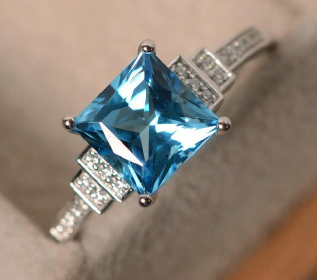 1 CT Princess Cut Blue Topaz Diamond 925 Sterling Sliver Women Engagement Promise Ring