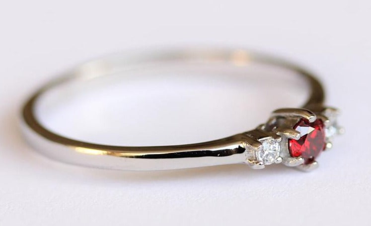 1 CT Round Cut Red Garnet  3 Stone Diamond 925 Sterling Silver Engagement Ring Gift For Her