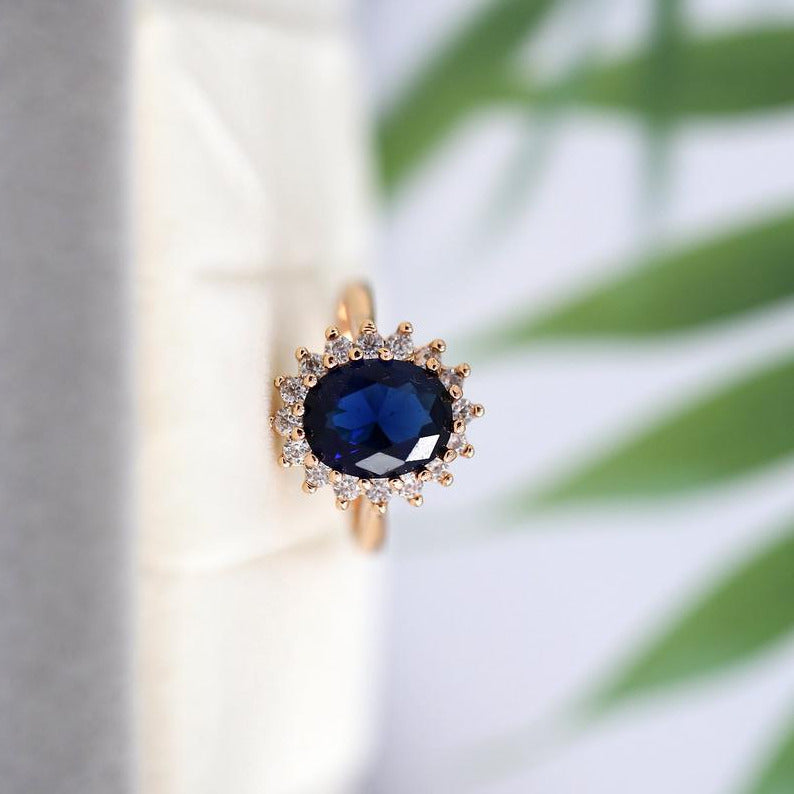2 CT  Oval Cut Blue Sapphire & Round CZ Diamond Rose Gold Over On 925 Sterling Silver Halo Engagement Ring
