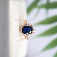 2 CT  Oval Cut Blue Sapphire & Round CZ Diamond Rose Gold Over On 925 Sterling Silver Halo Engagement Ring