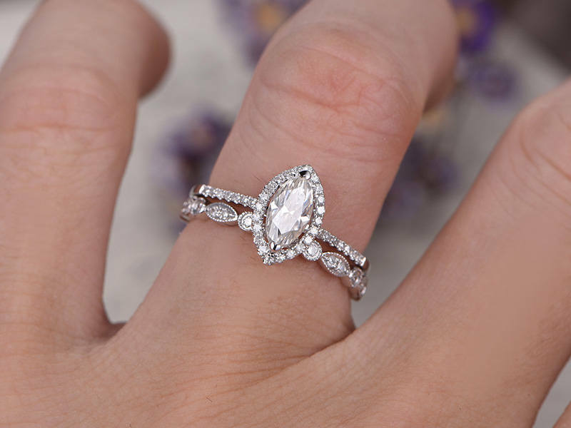 3 CT Marquise Cut Moissanite Halo Diamond 14k White Gold Over Bridal Ring Set - atjewels.in