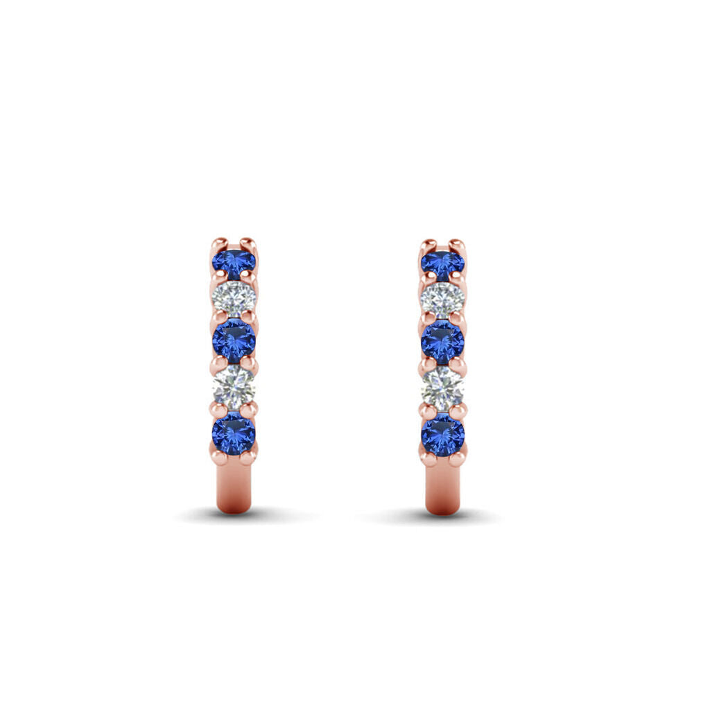 14K Rose Gold Over Round Cut Blue Sapphire & White Diamond J Shape Stud Earrings - atjewels.in