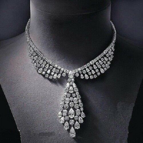 14k White Gold Over 50 CT Pear & Round Cut Diamond Drop Wedding Women's Necklace - atjewels.in