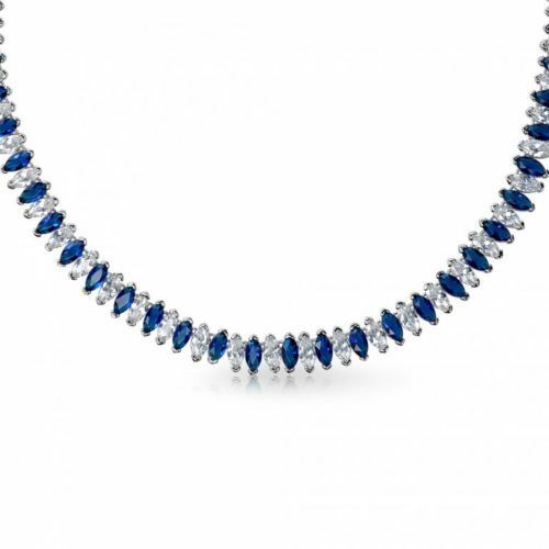 60 CT Marquise Cut Blue Sapphire 14k White Gold Over Tennis 16" Diamond Necklace - atjewels.in