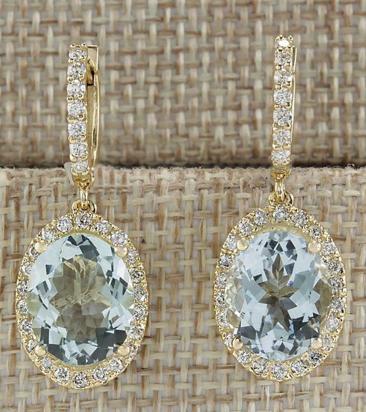 5 CT Oval Cut Aquamarine 14k Yellow Gold Over Halo Diamond Drop Dangle Earrings - atjewels.in