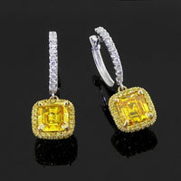 4 CT Asscher Cut Sapphire 14k Two Tone Gold Over Halo Diamond Hoop Drop Earrings - atjewels.in