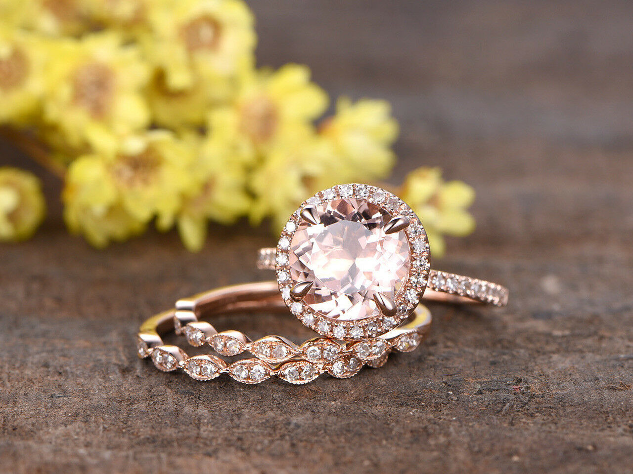2.3 CT Round Morganite 14k Rose Gold Over Diamond Halo Trio Set Engagement Ring - atjewels.in