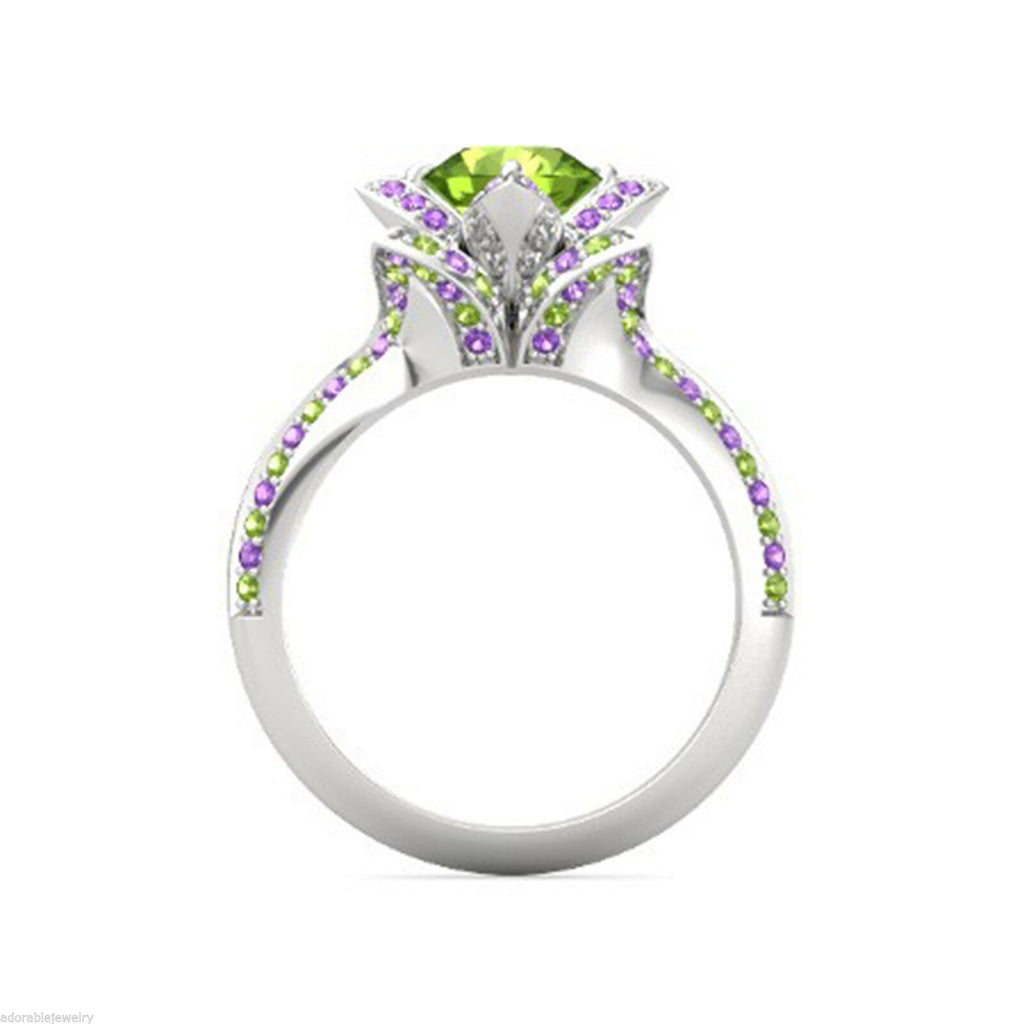 2 CT Round Cut Peridot & Amethyst Lotus Engagement Ring 14k White Gold Over - atjewels.in