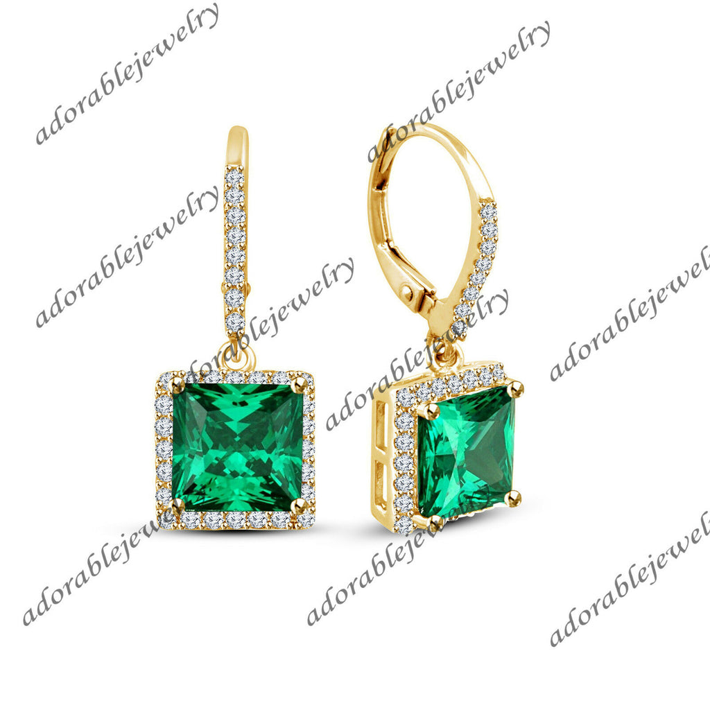 Princess Cut Emerald 14k Yellow Gold Over Drop Dangle Leverback Wedding Earrings - atjewels.in