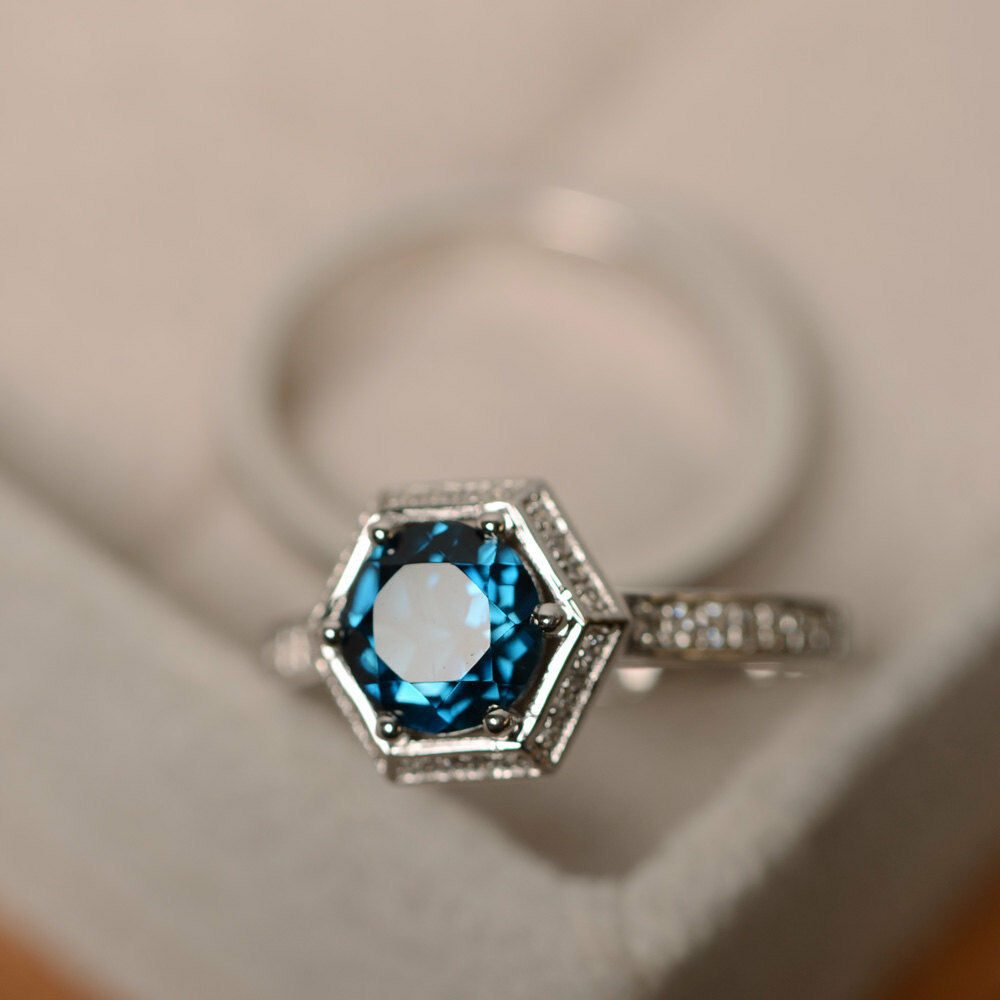 14k White Gold Over 2CT Round Cut London Blue Topaz Halo Diamond Engagement Ring - atjewels.in