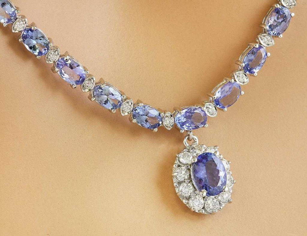 30CT Oval Cut Tanzanite 14k White Gold Over Diamond Halo Drop Tennis18" Necklace - atjewels.in