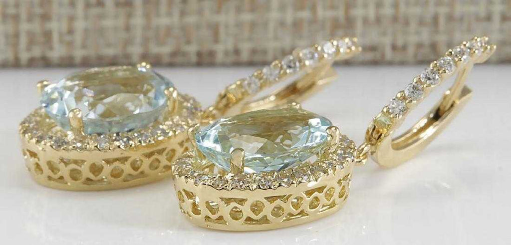 5 CT Oval Cut Aquamarine 14k Yellow Gold Over Halo Diamond Drop Dangle Earrings - atjewels.in