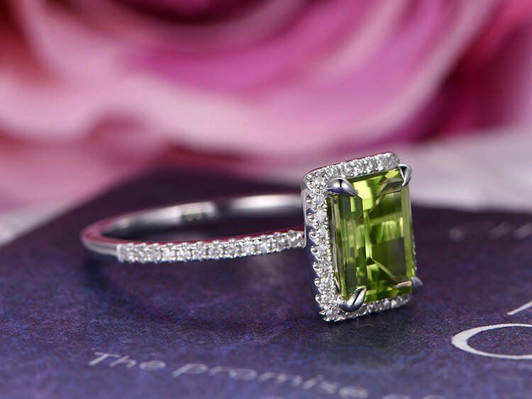 2.5 CT Emerald Cut AAA Peridot 14k White Gold Over Halo Diamond Engagement Ring - atjewels.in