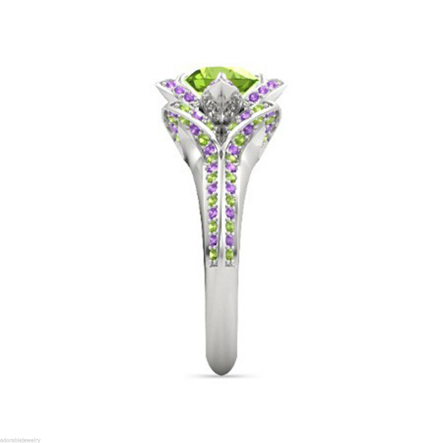 2 CT Round Cut Peridot & Amethyst Lotus Engagement Ring 14k White Gold Over - atjewels.in