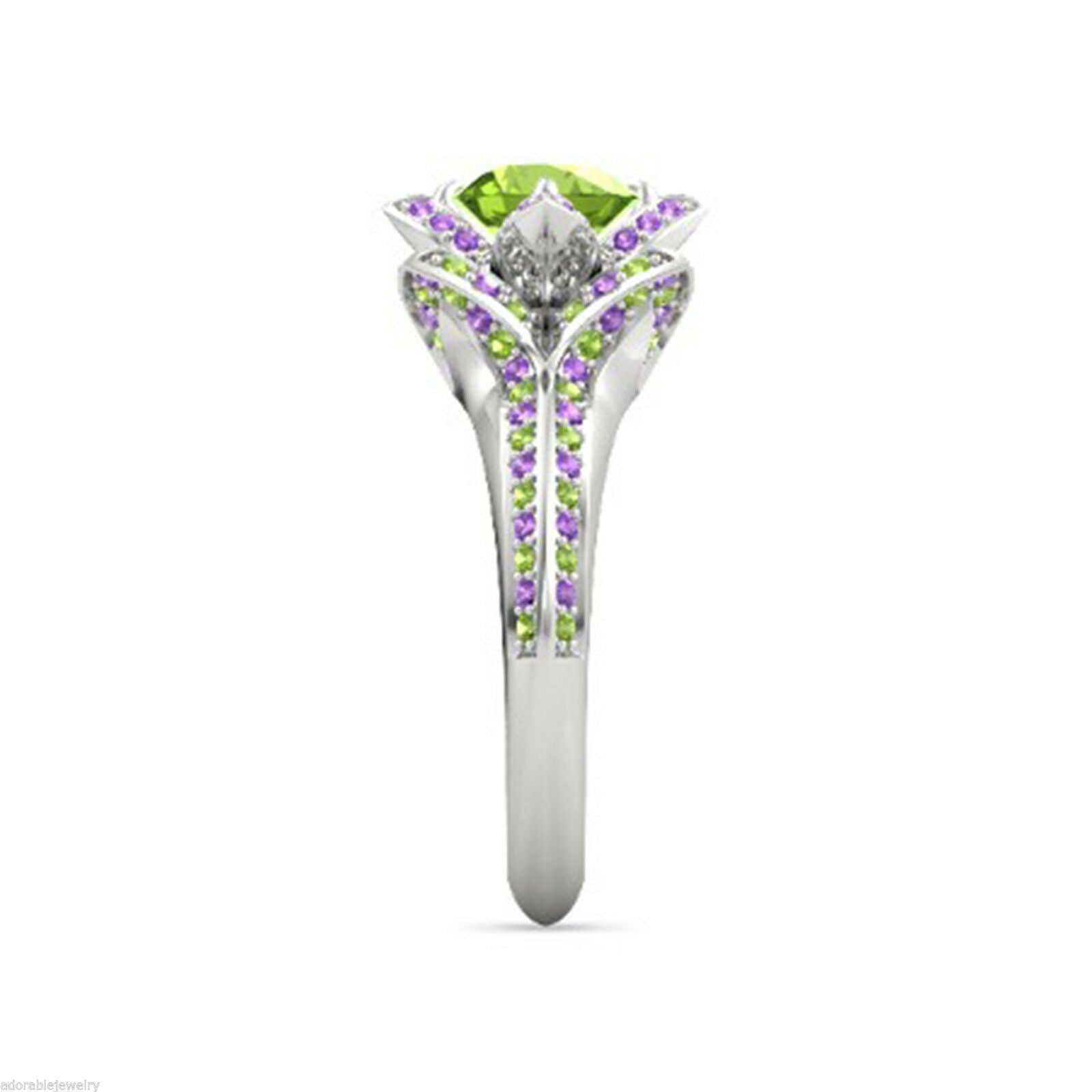 2 CT Round Cut Peridot & Amethyst Lotus Engagement Ring 14k White Gold Over - atjewels.in