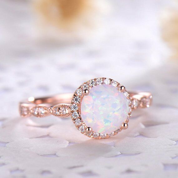 1CT Round Cut Opal & Diamond 14k Rose Gold Over Solitaire Engagement Womens Ring - atjewels.in