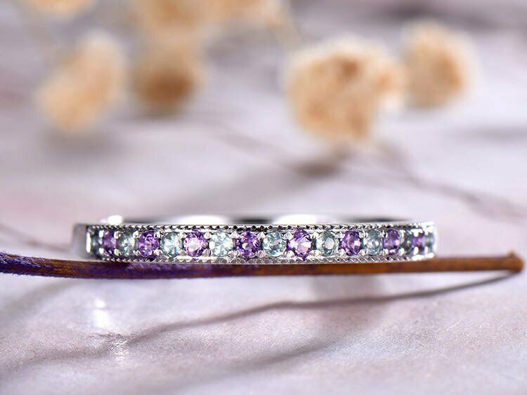 1 CT Round Cut Aquamarine 14k White Gold Over Amethyst Eternity Bridal Band Ring - atjewels.in