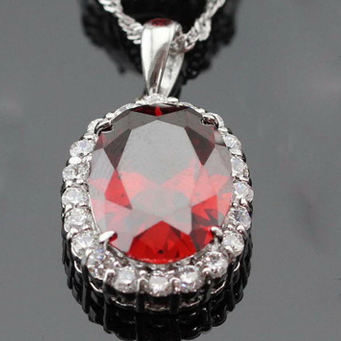 Oval Cut Red Ruby 14k White Gold Over Diamond Pendant Ring Earrings Jewelry Set - atjewels.in
